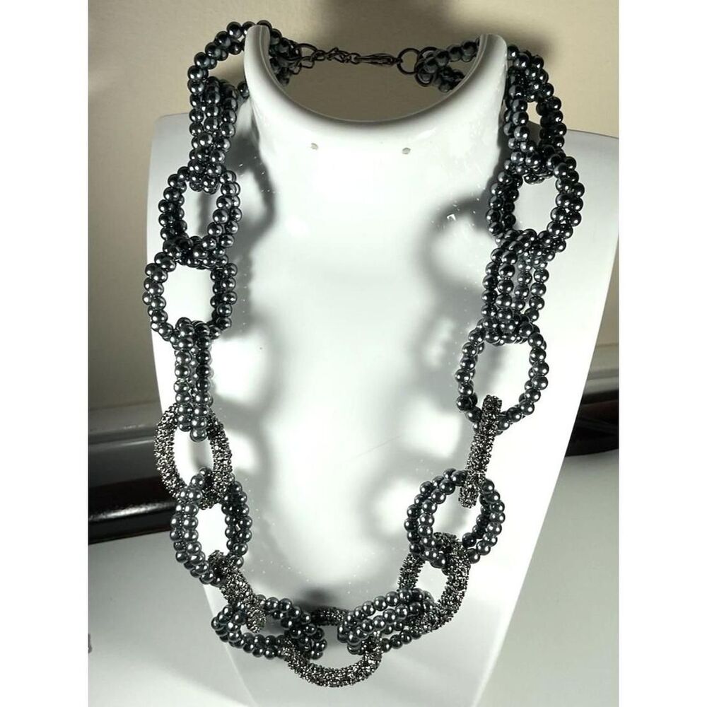 Metallic Gray Necklace Beaded Choker Circle Links 9" Drop Witchy Gothic Classic